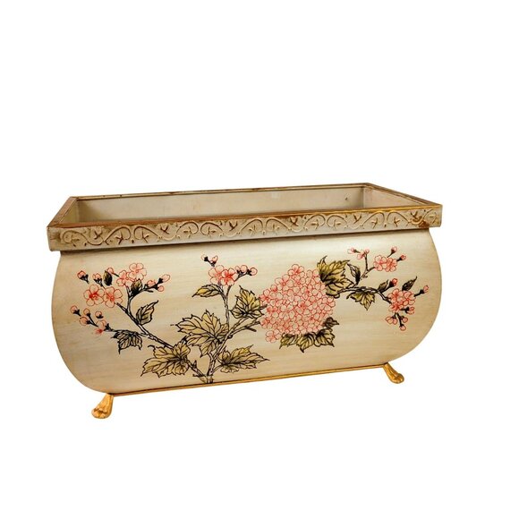 Hand-Painted Floral Metal Rectangular Planter With Gold Feet & Handles Large - Picture 2 of 5